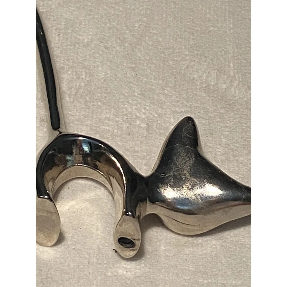 Silver Cat Ring Holder with Long Tail and Rhinestone Eyes MCM Figurine Vtg